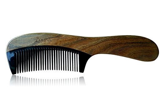 Unique Gift - Olina No Static Handmade Premium Quality Natural Black Ox Horn & Green Sandal Wood Comb with Natural Wood Aromatic Smell (Narrow-tooth, Black Ox Horn & Green Sandal Wood, 7.8'')