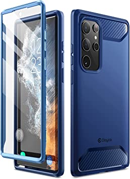 Clayco Xenon Case for Samsung Galaxy S22 Ultra 5G, [Built-in Screen Protector] Full-Body Rugged Cover Compatible with Fingerprint Reader, 6.8 inch 2022 Release (Blue)