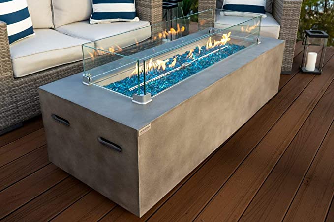 AKOYA Outdoor Essentials 60" Rectangular Modern Concrete Fire Pit Table w/Glass Guard and Crystals in Gray (Cobalt Blue)