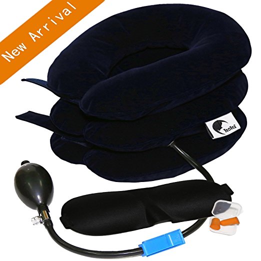 HOKI Cervical Neck Traction Device – Neck Pain Relief and Support Shoulder Relaxer Massage Traction Pillow – Cervical Collar Adjustable (Blue) | Bonus Eye Mask – Ear Plugs & Extra Pump