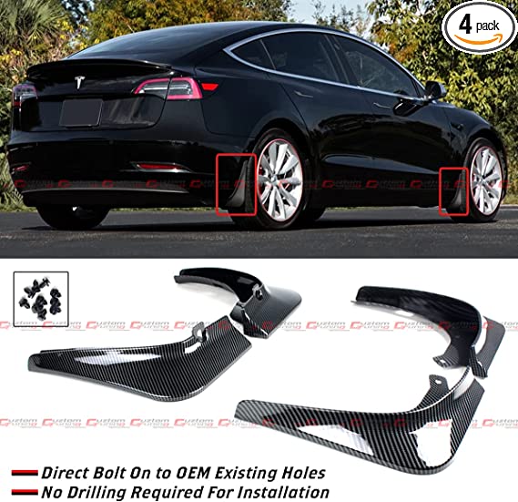 No Drilling Design Gloss Carbon Fiber Look Mud Flaps Guards Splash Flares 4 Piece Front & Rear Compatible for 2017-2021 Tesla Model 3 All Models