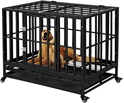Esright Heavy Duty Dog Crate Strong Metal Kennel, for Large Dogs, 4 Wheels Pet Playpen Indoor & Outdoor, Removable Tray & Lock