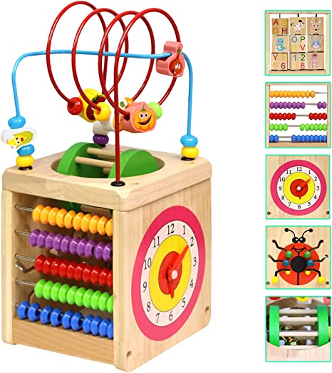 MICKYU Toddlers Wooden Activity Cube Toys, ABC Puzzle Blocks Shape Sorter Abacus Bead Maze Sensory Toys, 6 in 1 Montessori Learning Toys Gift for 3 4 5 Boys Girls