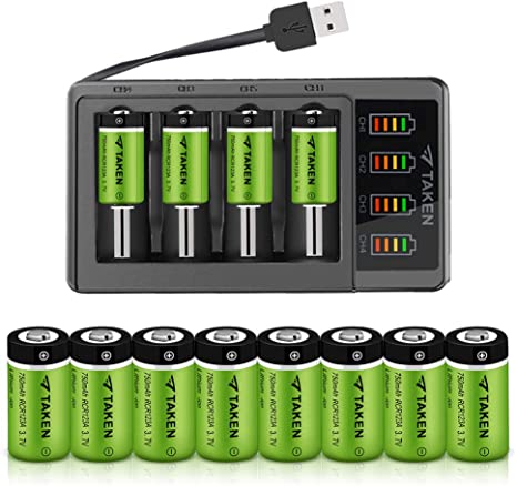 CR123A Batteries, Taken 3.7V 750mA Li-ion Batteries for Arlo Camera (VMC3030/VMK3200/VMS3330/3430/3530), 12 Pack CR123A Lithium Batteries with 4-Ports Charger