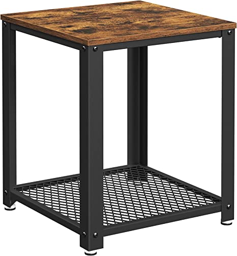 VASAGLE Side Table, 2-Tier Nightstand, End Table with Mesh Shelf, Steel Frame, Adjustable Feet, for Living Room, Bedroom, Industrial Style, Rustic Brown and Black ULET41X