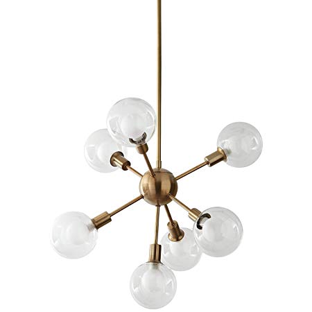 Rivet Mid-Century Modern Chandelier, 24"H, With Bulb, Gold with Glass Globes