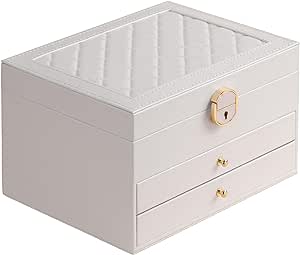 Jewelry Box for Women Girl Wife 3 Layers Large PU Leather Jewelry Organizer Storage Case with Two drawers Display for Earrings Bracelets Rings Watches (White)