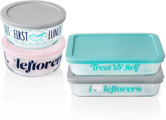 Pyrex Decorated Glass Food Storage Set (8-Piece, BPA Free, Eat My Words)