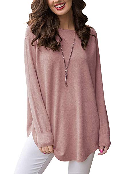 Hilltichu Women's Casual Long Sleeve Tunic Tops Round Neck Curved Hem Shirt Pullover