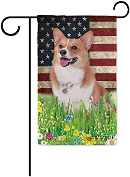 BAGEYOU Cute Puppy Corgi Garden Flag Lovely Pet Dog American US Flag Wildflowers Floral Grass Spring Summer Decorative Patriotic Banner for Outside 12.5x18 inch Printed Double Sided