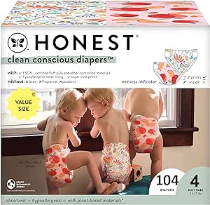 The Honest Company Clean Conscious Diapers | Plant-Based, Sustainable | Just Peachy   Flower Power | Super Club Box, Size 4 (22-37 lbs), 104 Count