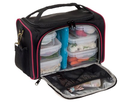 Meal Prep Bag by LISH - Insulated Lunch Box w/ 6 Portion Control Containers Black/Red