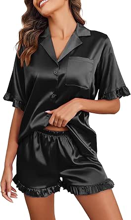 Ekouaer Womens Satin Pajamas Set Button Down Silk 2 Piece Pj Sets Ruffled Short Sleeve Sleepwear