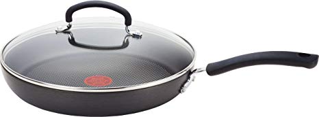 T-fal E76597 Ultimate Hard Anodized Scratch Resistant Titanium Nonstick Thermo-Spot Heat Indicator Anti-Warp Base Dishwasher Safe Oven Safe PFOA Free Glass Lid Cookware, 10-Inch, Gray