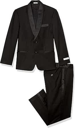 Calvin Klein Boys' 2-Piece Formal Tuxedo Suit Set, Includes Jacket & Dress Pants, Satin Trim Detailing & Functional Pockets