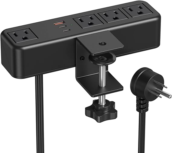 CCCEI 20W USB C Desk Side Clamp Power Strip, Desk Top Tube Edge Clamp Mount Outlet with 4 Outlets, Widely Spaced Surge Protector Outlet Station, Fit 1.6 inch Tabletop Edge, Table Leg. 6 FT Power Cord