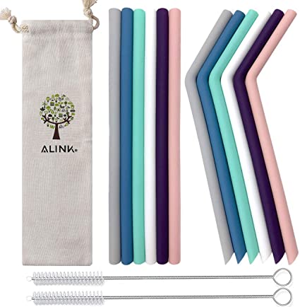 ALINK Reusable Silicone Straws Set of 12 Drinking Straws 10 Inch Long for 20oz 30oz Tumblers Smoothies Milkshakes Coffee- Extra long Flexible Straws - Bpa-free - No Rubber Tast(6 Bent   6 Straight 2 Cleaning Brushes Cloth case)