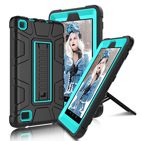 All-New Amazon Fire 7" 2017 Case, Elegant Choise 7th Generation Fire 7 Heavy Duty Shockproof Armor Rugged Protective Case Cover with Stand for Amazon Kindle Fire 7 2017 Release (Black/Blue)