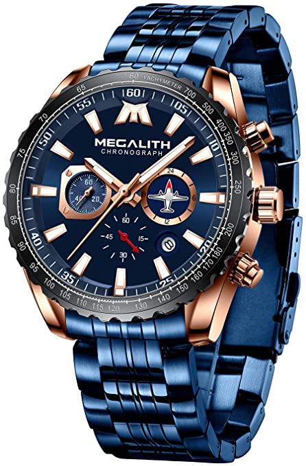 MEGALITH Mens Watches Men Blue Chronograph Military Designer Waterproof Stainless Steel Wrist Watch Large Face Black Dress Business Analogue Luminous Watches for Man