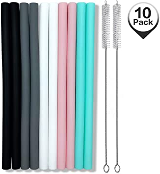 Silicone Straws Set of 10 Straight Smoothies Straws Large Silicon Reusable Drinking Straws with Cleaning Brushes Extra Long for Yeti/Rtic/Ozark 20oz and 30oz Tumbler - Flexible Chewy & Safe for Kids