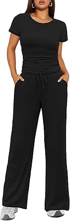 Ekouaer Women's 2 Piece Lounge Sets Ruched Short Sleeve Pajama Set High Waisted Wide Leg Pants Loungewear Tracksuit Sets