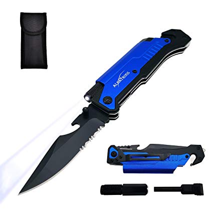 ALBATROSS Best 6-in-1 Survival Tactical Folding Pocket Knife with LED Light, Seatbelt Cutter, Glass Breaker, Magnesium Fire Starter, Bottle Opener; Multi-Function Emergency Tool