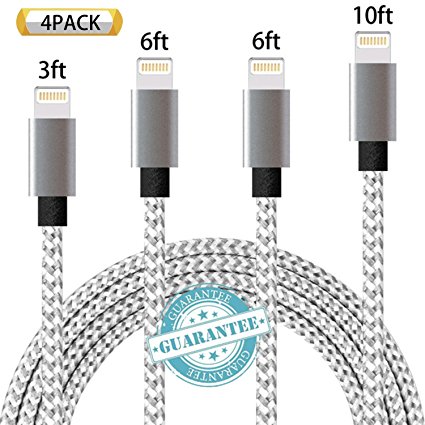iPhone Cable 4Pack 3FT, 6FT, 6FT, 10FT, DANTENG Extra Long Charging Cord Nylon Braided 8 Pin to USB Lightning Charger for iPhone 8 , 8, 7, SE, 5, 5s, 6s, 6, 6 Plus, iPad Air, Mini, iPod (GreyWhite)