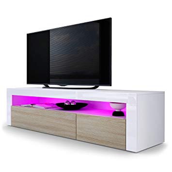 Vladon TV Stand Unit Valencia, Carcass in White matt/Front in Rough-sawn Oak a frame in White High Gloss