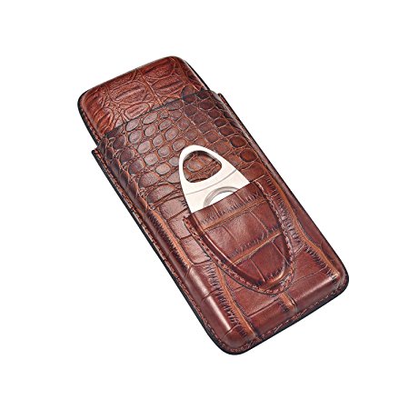Leather Cigar Case, 3 Tubes Cigar Humidor Travel with Stainless Steel Cutter (Brown)