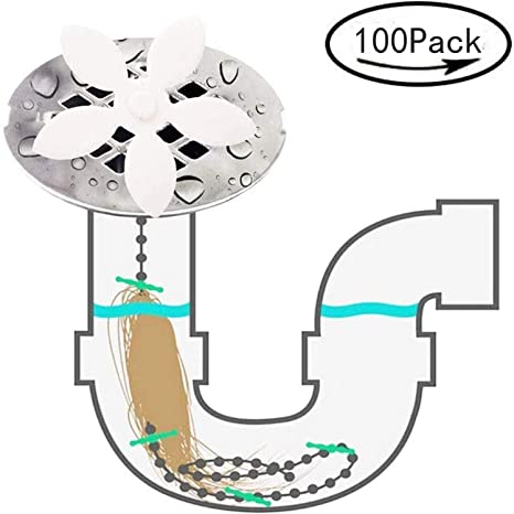 PH White Drain Hair Catcher Disposable Flower Shower Hair Cleaning Chain Never Clean a Clogged Drain Again (100Pack)