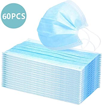 Three Layer Disposable Protective Face Shields, Anti Spittle Waterproof Dustproof Breathable with Earloops and Nose Clip, Blue 50PCS