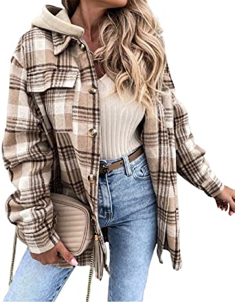 Chartou Women's Removable Hood Button Up Plaid Cotton Blend Shacket Coat Jacket