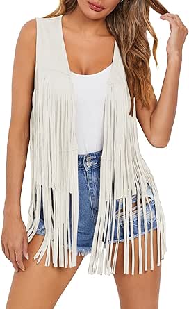 Dokotoo Womens Fringe Vest 70s Hippie Costume Sleeveless Cowgirl Western Faux Suede Tassel Leather Outerwear