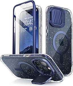 i-Blason for iPhone 15 Pro Case with Stand, [MagSafe Compatible] [Camera Cover Stand] [Built-in Screen Protector], Slim Stylish Phone Case for iPhone 15 Pro, CosMag Series, BlueGlitter