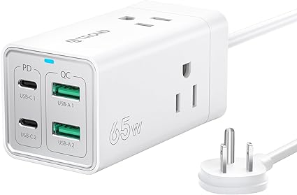 TROND 65W USB C Charger-7 in 1 Dual Voltage Travel Power Strip USB C Desk Charging Station with 2 USB-C Ports & 2 USB-A Ports, Fast Charging Extension Cord with 3AC Outlets, White