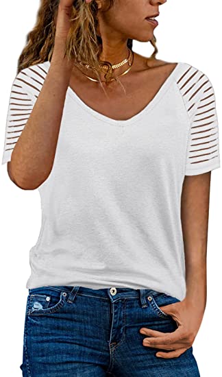 Actloe Womens Casual V Neck Tops Short Sleeve Shirts Striped Sheer Mesh Patchwork Blouses and Tops F Black Small