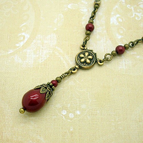 Victorian Jewelry Style Teardrop Pendant Necklace, Swarovski Simulated Pearl, Bordeaux Wine Red