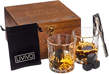 LIVIVO Wooden Box Set for Whisky or Drinks Connoisseur - Includes 8 Cooling Granite Stones with Tongs and Two Stylish Glasses, with Tongs. 8 Whisky Stones with 2 Elegant Whisky Glasses