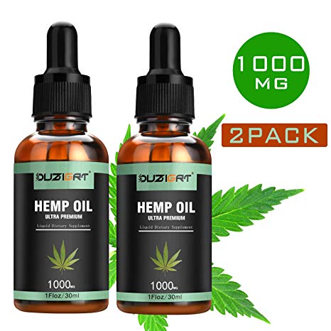 Pure Hemp Oil Drops 1000mg OUZIGRT Supplement, Spectrum Hemp Extract 10% Natural Ingredients for Relieving Anxiety Depression Skin Dryness and Inflammation, Pack of 2