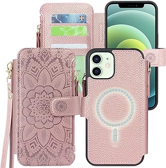 Harryshell Compatible with iPhone 12/12 Pro Case Wallet Support MagSafe Wireless Charging with 3 Card Slots Holder Cash Coin Zipper Pocket Pu Leather Flip Closure Wrist Strap (Floral Rose Gold)