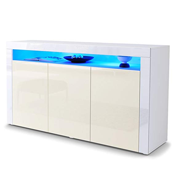 Vladon Sideboard Chest Drawers Valencia, Carcass in White matt/Front in Cream High Gloss a frame in White High Gloss