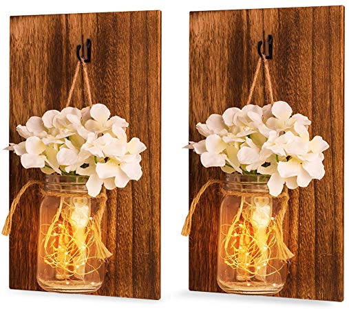 Mason Jar Sconce for Home Decor, Rustic Mason Wall Scones with Fairy LED String Lights & Flowers, Decorative Hanging Wall Scone for House Patio Garden Decoration (Set of 2)