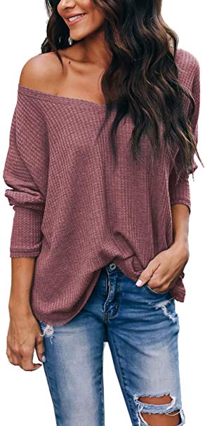 iGENJUN Women's Casual V-Neck Off-Shoulder Batwing Sleeve Pullover Sweater Tops