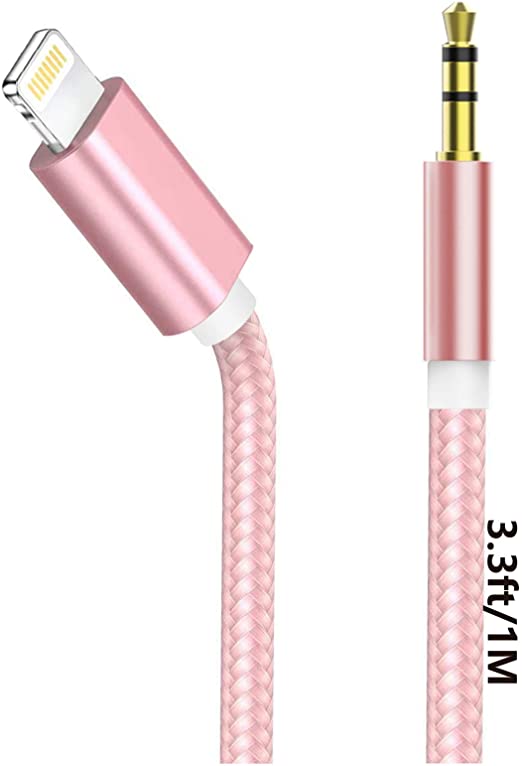 iPhone Car Aux Cable，[Apple MFi Certified] Lightning to 3.5mm AUX Audio Nylon Braided Cable Compatible for iPhone SE/11/XS/XR/8/7/iPad/iPod to Car Speaker/Headphone Support All iOS Version-3.3ft Pink