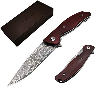 ALBATROSS Pocket Knife Red Sandalwood 7.6" Damascus Steel Knife Liner Lock Folding Knife 100% Prime Quality