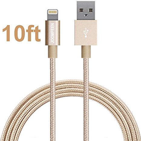 Lightning Cable, JOOMFEEN Nylon Braided 10ft/3m Extra Long 8pin Charging Cable USB Cord Charger for Apple iphone se, 7,7 plus,6s, 6s plus, 6plus, 6,5s 5c 5,iPad Mini, Air,iPad5,iPod on iOS9 - Gold
