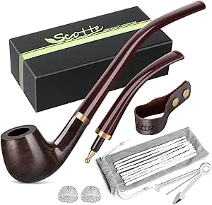 Scotte Handmade Pipe, Wood Pipe with Replaceable Pipe Stem, Pipe Stand Pipe Cleaner Tools,Various Accessories Pipe Kit In Gift Box for Pipe Lovers