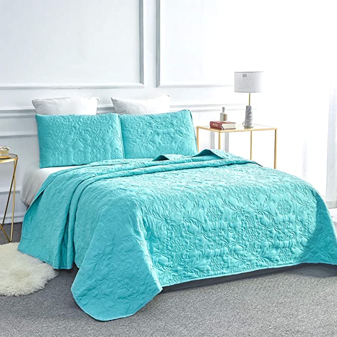 Sophia and William 3 Pieces Quilt Set King Size with 1 Quilt and 2 Pillow Shams, Reversible Microfiber Bedding Bedspread Coverlet Set, Cozy, Lightweight and Hypoallergenic, Teal