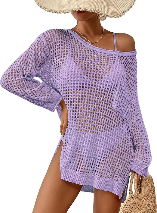 Bsubseach Crochet Cover Up for Swimwear Women Pool Swimsuit Coverup Long Sleeve Beach Knit Tops