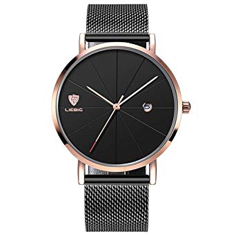 Mens Luxury Wrist Watches, Minimalist Fashion Ultra Thin Watch for Men Business Dress Waterproof Casual Quartz Watch with Stainless Steel Mesh Band